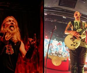 A phot of Johann from Amon Amarth singing live and Matt Heafy from Trivium playing guitar live